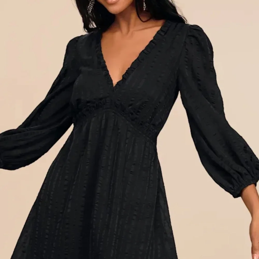 Lulus Forever In My Heart Black Striped Balloon Sleeve Mini Dress - Size S - Picture 2 of 4